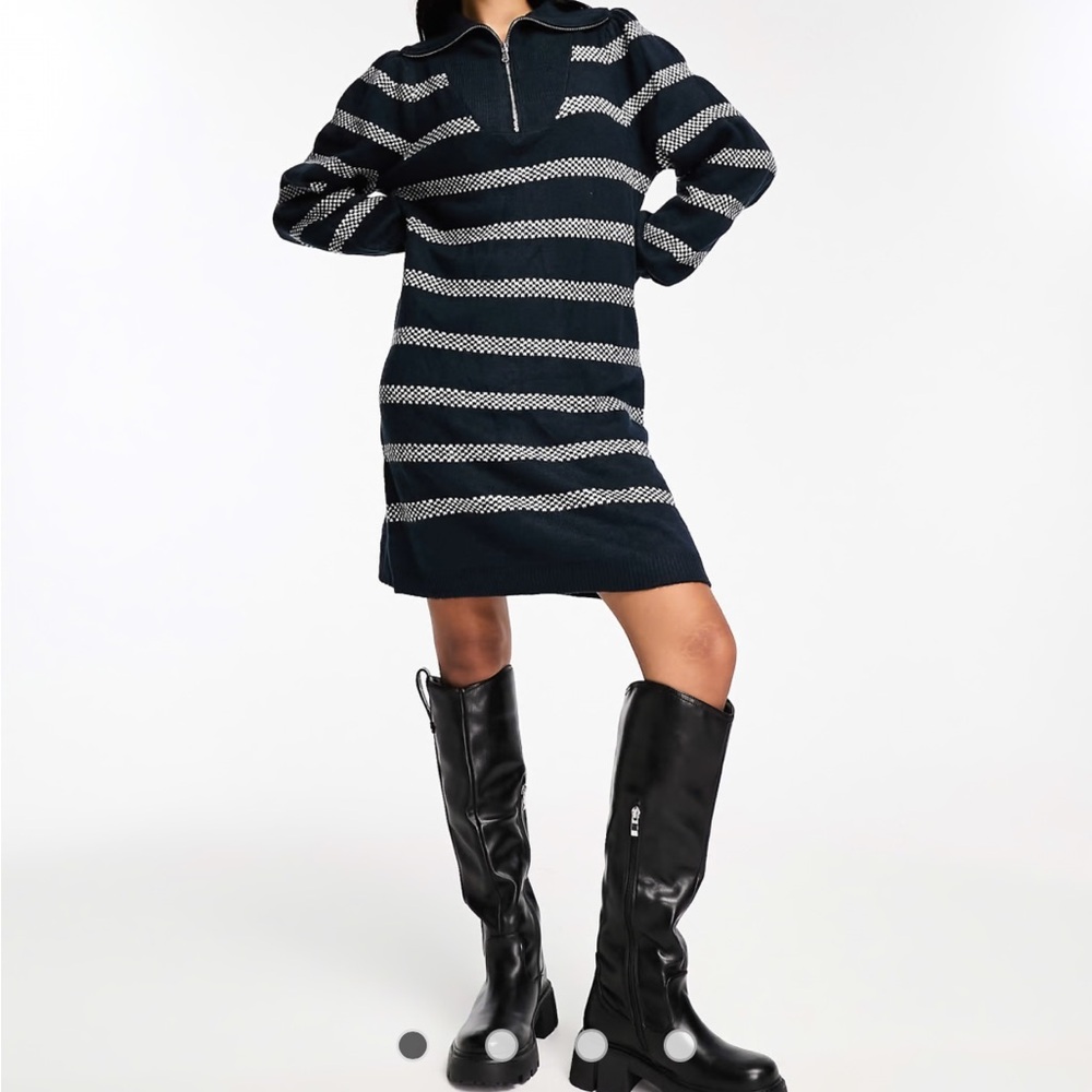 Pieces Striped Knit Dress Warm Super Soft Sweater Dress Quarter Zip